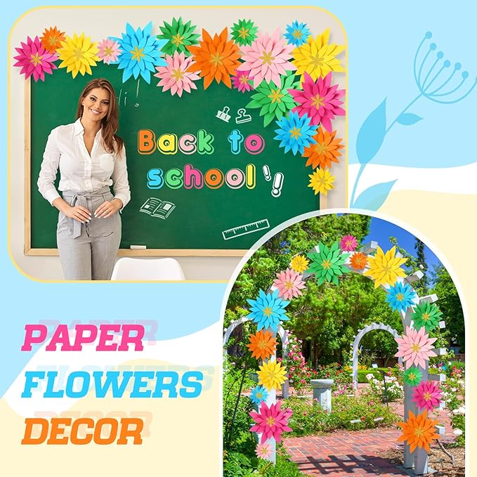 18 Pcs Paper Flowers Decor for Wall DIY Flower Bulletin Board 3D Spring Fiesta Mexican Paper Floral Decoration for Photo Backdrop Classroom Back to School Party(Star-Shaped,Rainbow)
