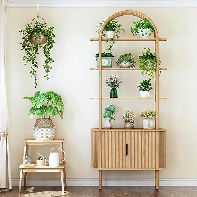 71" Tall Fluted Arched Bookshelf with Sliding Tambour Doors, Mid Century Modern Metal Curved Bookshelf Cabinet with Storage, 4-Tier Open Display Storage Shelf for Home Office, Living Room (Natural)
