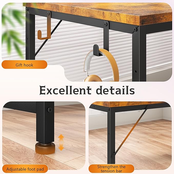 56 Inch Computer Desk,Reversible Office Desk with LED Lights & Power Outlets,Writing Desk with Wide Tabletop for Study,Writing,Desk with Drawers & Printer Shelf for Storage,Craft,Rustic Brown