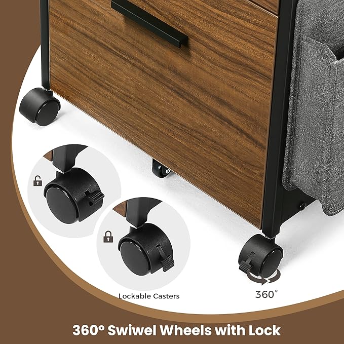 EUREKA ERGONOMIC 2-Drawer Mobile File Cabinet with Wheels, Solid Wood Rolling Storage Cabinet for Home Office, Space-Saving Under Desk Organization with Printer Stand, Walnut