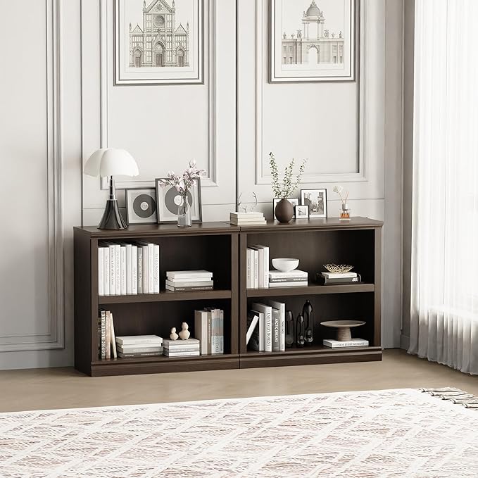 blini Bookshelf and Bookcase Set of 2, Cherry Wood Double Wide Large Bookshelves 2 Tier Wooden Bookshelf with Storage Cabinets for Living Room, Home Office, Library (Cherry Wood, 2 - Shelf)