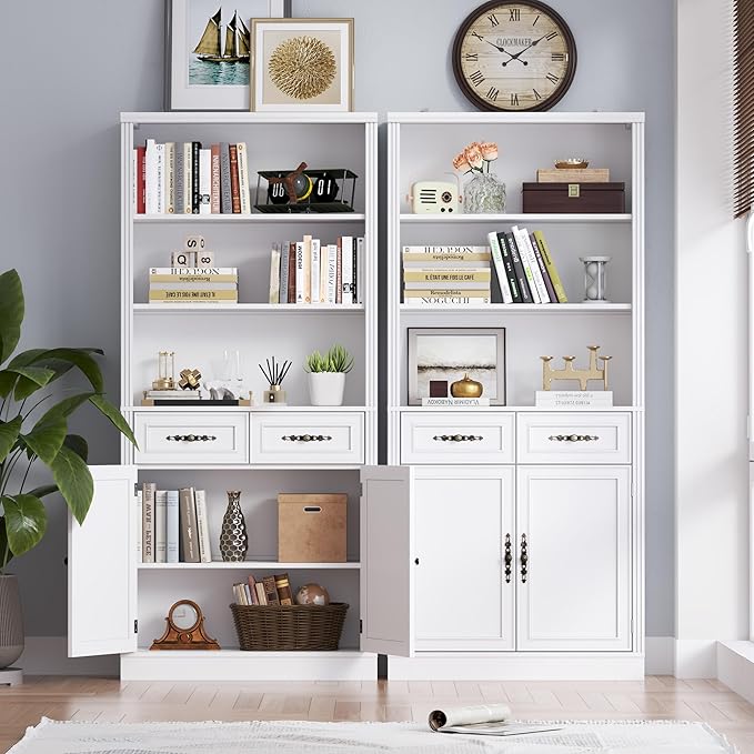 70.1" Tall Bookshelf with Drawers & Cabinet, 5-Tier Floor Standing Bookcase with Storage Doors, Adjustable Shelves & Metal Handles, 31.5" Wide Organizer for Home Office, Living Room