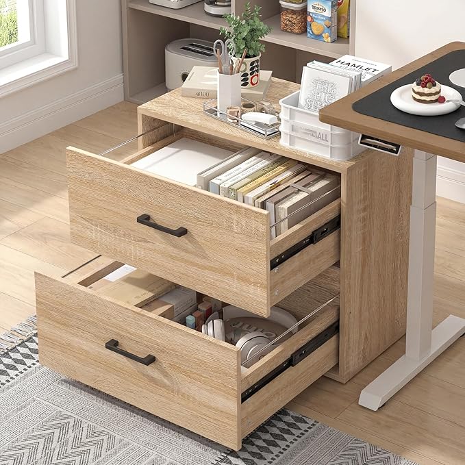 2 Drawer File Cabinet, Wood Lateral Filing Cabinet, Office File Cabinets for Letter/Legal Size, Printer Stand with Storage Drawer for Home Office, Oak