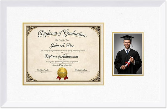 Diploma Frame With Photo Opening Bright White Oyster Shell Over Gold Mat - Fits 13 x 10 Degree and Picture Made in the USA