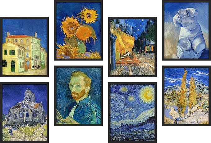 SIGNWIN Framed Poster Bathroom Decor, Wall Art Room Decor Multicolor for Living Room, Bedroom, Office Vincent Van Gogh Sunflower Starry Night Vintage Illustrations Bohemian - 12"x16"x 8 Black