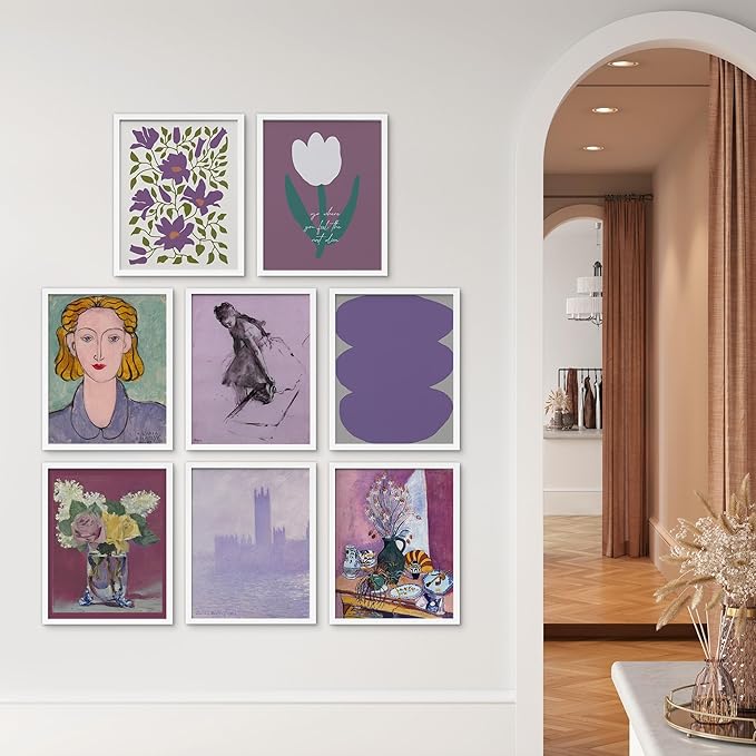 SIGNWIN Framed Poster Bathroom Decor, Wall Art Room Decor Multicolor for Living Room, Bedroom, Office Purple Female Portrait Lavender Flowers Vintage Illustrations Bohemian - 8"x10"x 8 White