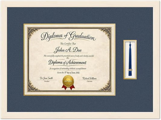 Diploma Frame with Tassel Holder Coastal Whitewash Shadowbox Navy Blue Over Gold Mat - Fits 14 x 11 Degree Made in the USA