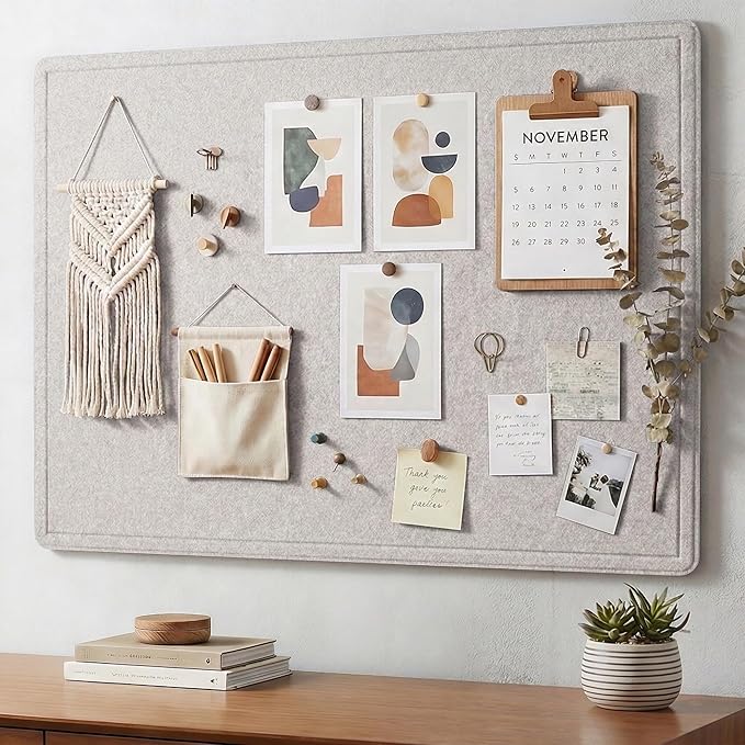 AKTOP Bulletin Board, 24" x 36" Foldable Felt Notice Pin Board for Wall, Decorative CorkBoard Photo Display Board with Self-Adhesive Tape, Vision Board Cork Board Alternative with 25 Pushpins - Latte