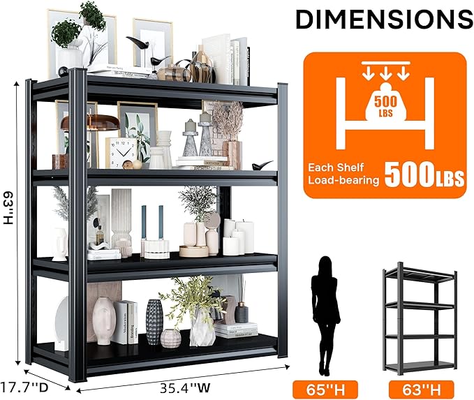 Book Shelf, Metal Bookshelves, Heavy Duty Bookcases, Large Storage Capacity Adjustable Tall Industrial Bookshelf for Living Room, Bedroom and Study Room, Black (4-Tier 63''Hx35''Wx18''D)
