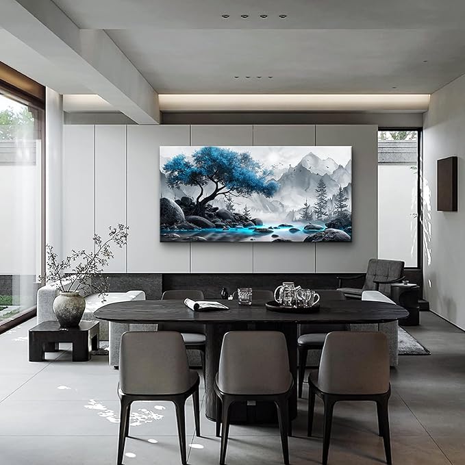 Lapremoly Black And White Painting Canvas Wall Art For Living Room, Office, Bedroom - Large Blue Tree Landscape Wall Pictures - Hotel Artwork Posters - Family Home Decor