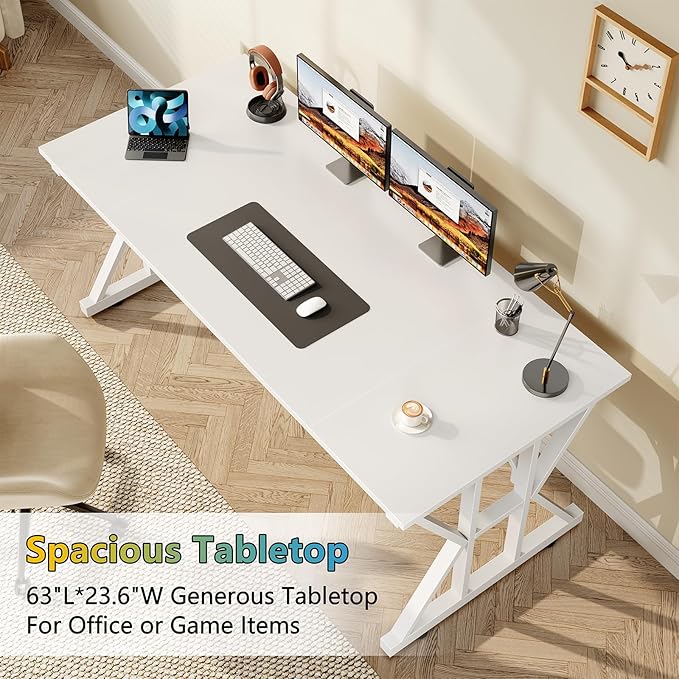 TVU Computer Desk, 55 inch Large Office Desk, Study Writing Table with Thicken Frame, Gaming Desk, Modern Simple Desk for Home Office, White