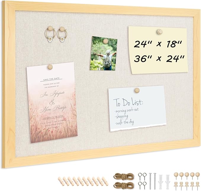 DOLLAR BOSS Bulletin Board with Linen 24'' x 18'' Wood Framed Cork Boards for Walls, Photo Display Pin Board, Decorative Corkboard for Office Home School Dorm Decor with 10 Pushpins, Natural Wood