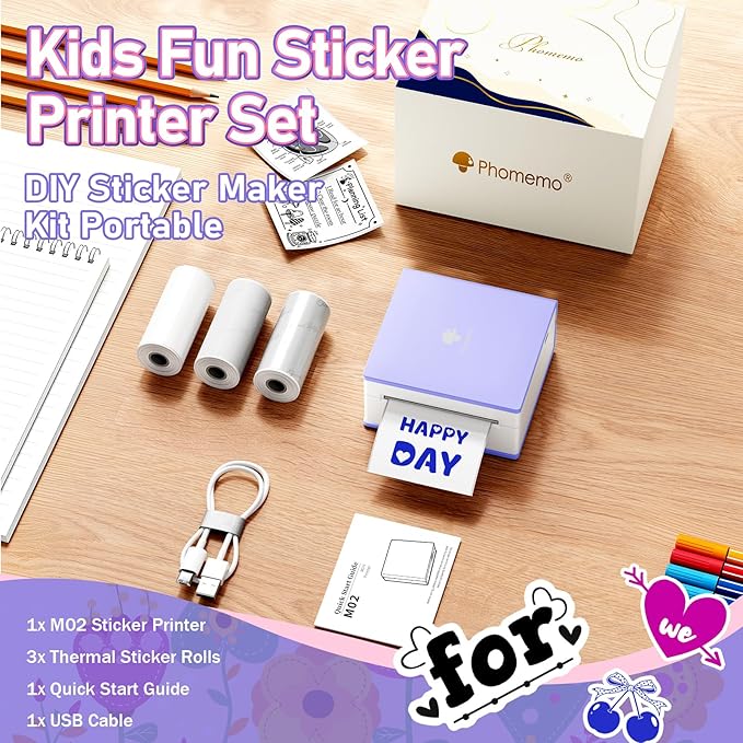 Phomemo Sticker Printer- Mini Thermal Sticker Printer Machine, Small Pocket Label Maker Instant Print for DIY Creation, Study Notes, Photos, Portable Inkless Photo Maker for Kids/Students, Purple