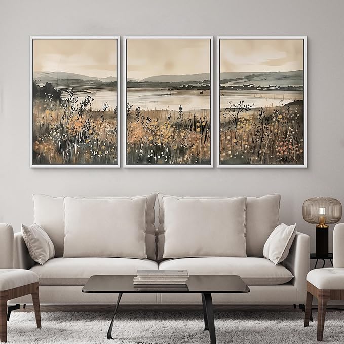 SIGNWIN Framed Canvas Print Wall Art Set Lakeside Meadow Rustic Countryside Watercolor Illustrations Modern Art Decorative for Living Room, Bedroom, Office - 24"x36"x3 White