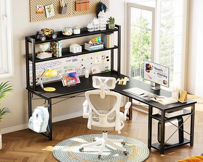 ODK L Shaped Gaming Desk with Hutch, Computer Desk with Storage Shelves, 66" L Shaped Desk for Home Office, Corner Desk with Headphone Hook, Black