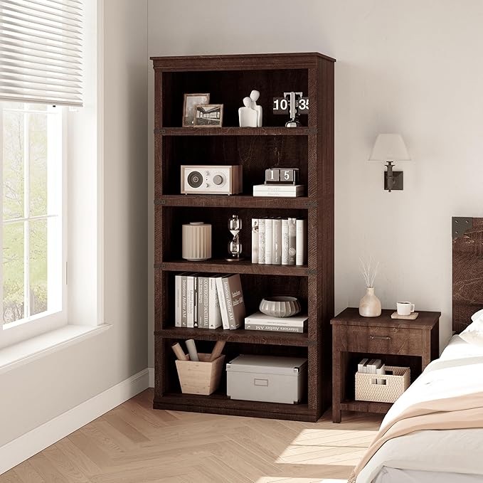 5 Tier Farmhouse Bookcase, 67.4" Tall Book Shelf with Storage, Wooden Bookshelves 5 Shelf Display Shelves for Home Office(67.4" H x 31.5" W x 12.8" D) (Reddish Brown, 67.4" H x 31.5" W x 12.8" D)