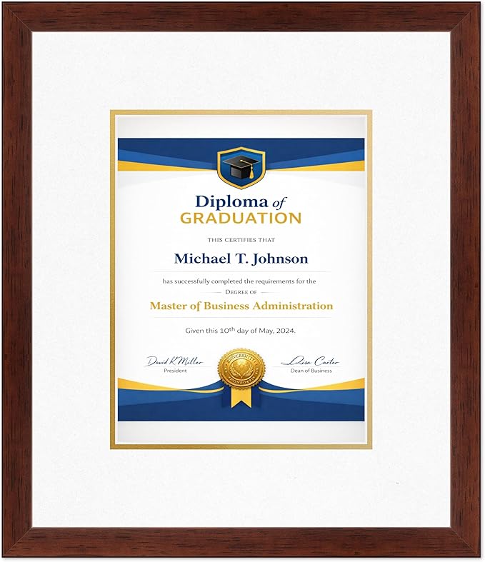 Diploma Frame Rustic Walnut with Oyster Shell Over Gold Double Mat - Fits 8.5 x 11 Certificate (Portrait) Wall Display Made in the USA