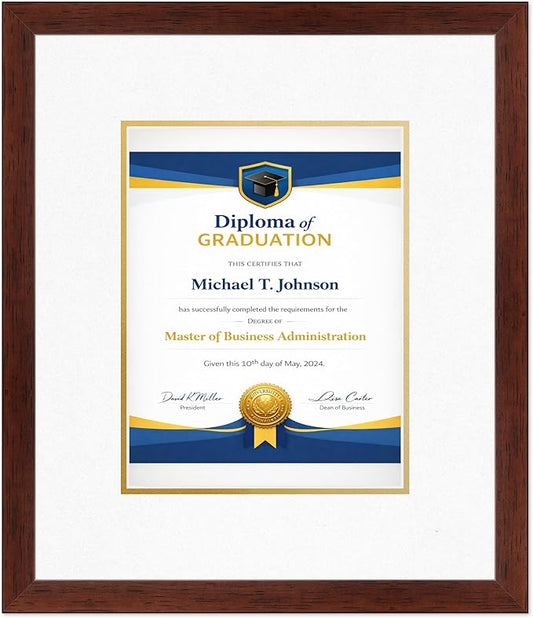 Diploma Frame Rustic Walnut with Oyster Shell Over Gold Double Mat - Fits 8.5 x 11 Certificate (Portrait) Wall Display Made in the USA