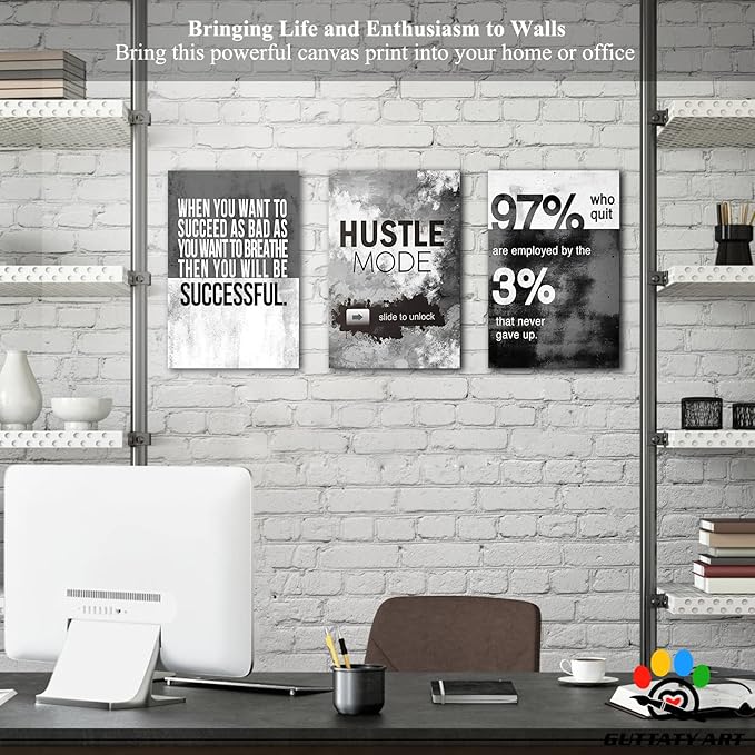 Office Wall Art-3 Panel Motivational Art, Inspirational Quotes Canvas for Home Office, Positive Quote Wall Decor, Entrepreneur Words Poster Frame 12'x24'x3Pcs