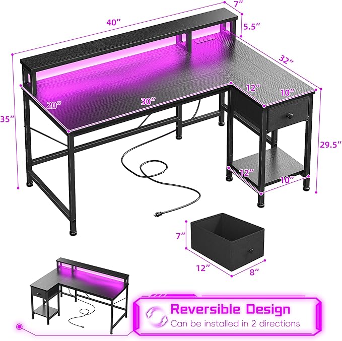 40" Gaming Desk with LED Lights & Power Outlet, L Shaped Desk with Drawer & Monitor Stand, Computer Desk for Small Room, Gaming, Corner Desk for Study Room, Bedroom, Black