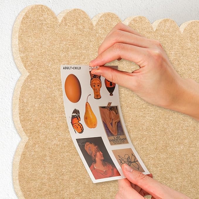 Scalloped Bulletin Board, 36 x 24 Inches Felt Pin Board - Decorative Cork Alternative for Wall, Foldable Picture Self-Adhesive Vision Prayer Board with 20 Pushpins - Beige Brown