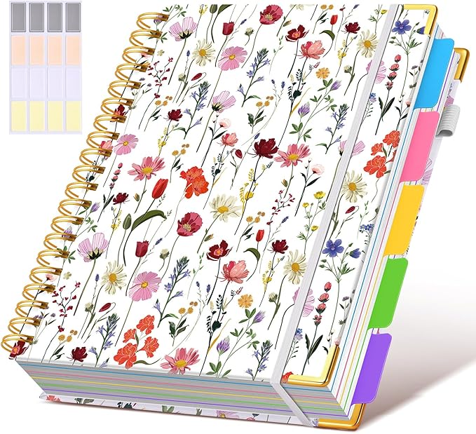 Hardcover Spiral Notebook 8.5"x11" Journal with Removable Dividers Tabs, 300 Pages 5 Subject Notebook College Ruled, Large A4 Notebooks for Work School, Journal for Women, A4 Flower White