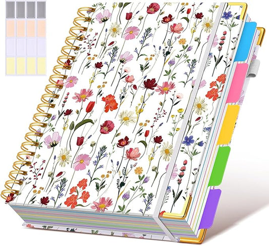 Hardcover Spiral Notebook 8.5"x11" Journal with Removable Dividers Tabs, 300 Pages 5 Subject Notebook College Ruled, Large A4 Notebooks for Work School, Journal for Women, A4 Flower White