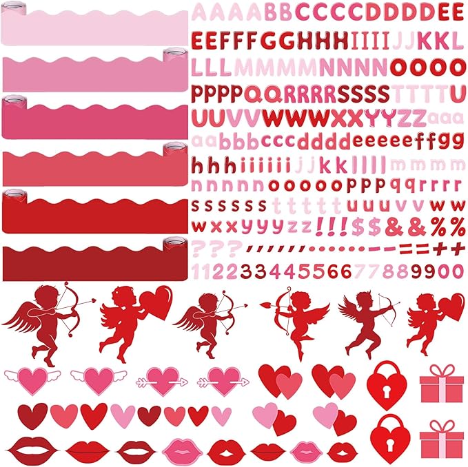 Kosiz Valentine's Day Bulletin Board Decoration Set 118 ft Scalloped Bulletin Board Borders Classroom Poster Border Trim with 257 Pcs Letter Number Symbol Cutout for School Decor