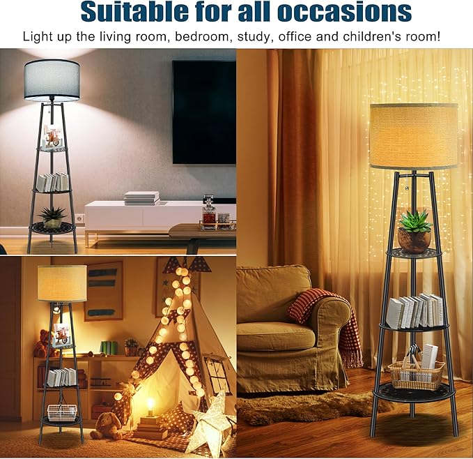 Floor Lamp with Shelves, Modern Standing Lamp with 3 Color Temperature LED Bulbs, Corner Floor Lamps for Living Room & Bedroom, Lamparas Elegantes para Sala (Gray Lampshade, 1)