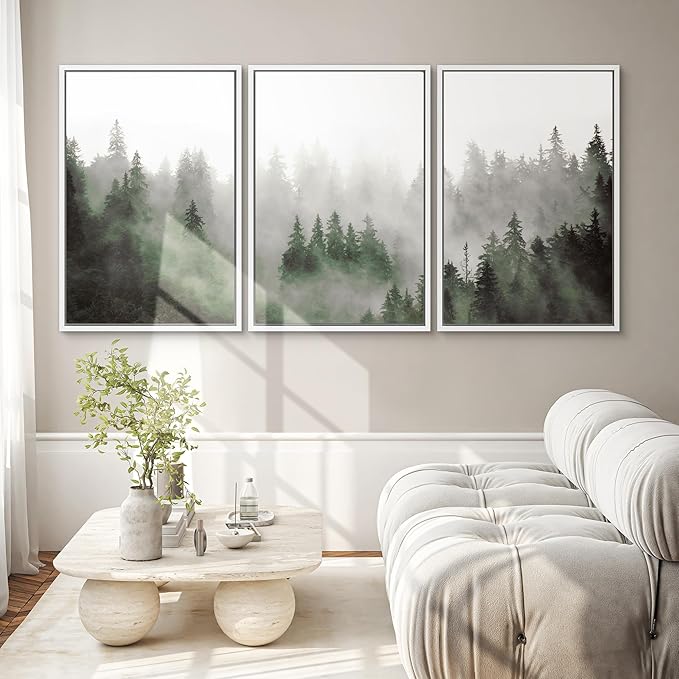 SIGNWIN Framed Canvas Print Wall Art Woodland Nursery Decor Set Fog & Mist Over Green Pine Tree Forest Nature Wilderness Modern Art Chic Landscape for Living Room, Bedroom, Office - 24"x36"x3 White
