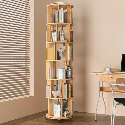 Rotating Bookshelf, 6 Tier Solid Wood Bookshelf Tower with Lockable Wheels, 360° Spinning Revolving Bookcase for Small Spaces, Corners, Bedroom, Kids Room, Home Office, Natural
