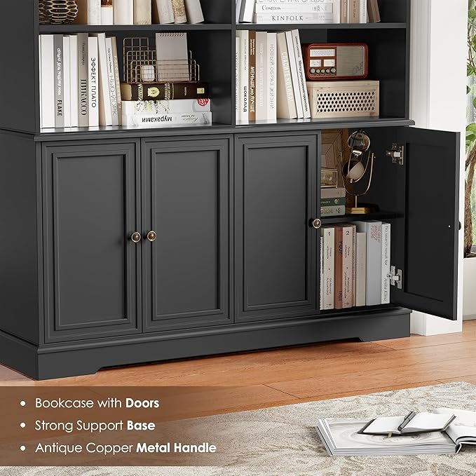 FINETONES 73" Black Bookshelf with Doors, 6 Tier Tall Bookshelf Double Wide Bookcases and Bookshelves with Storage, Large Display Cabinets for Home Office,Living Room, Library