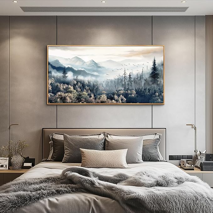 hyidecorart Fog Forest Landscape Wall Paintings Wood Framed Wall Art For Living Room Large Abstract Canvas Wall Decor For Office Modern Bedroom Home Decoration Stretched and Framed Pictures Artwork