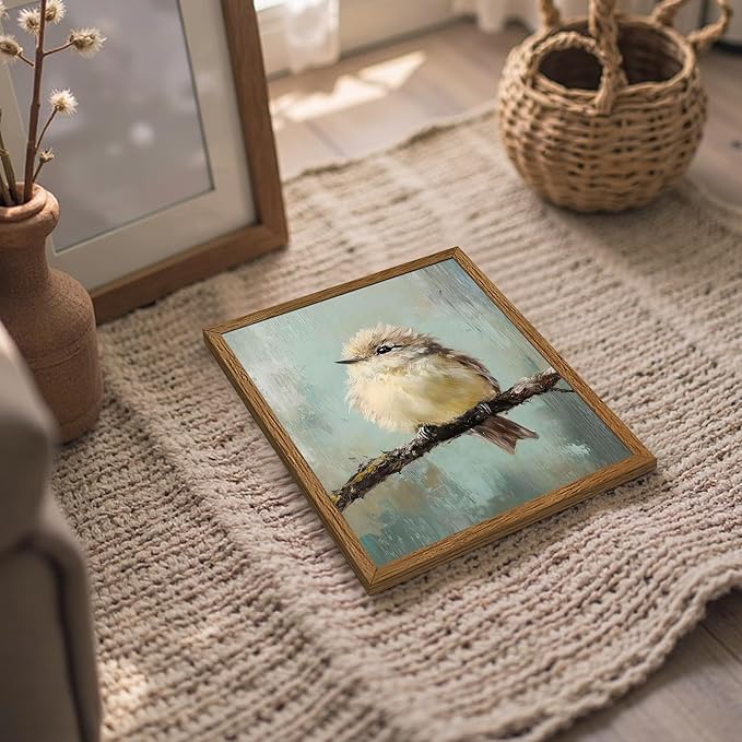 AVECCO Framed Vintage Funny Birds Canvas Wall Art, Bird Rustic Farmhouse Wall Decor, Unique Animal Art Prints for Kid's Room Bathroom Bedroom Living Room Office Home Decoration Ready to Hang 8x10 In