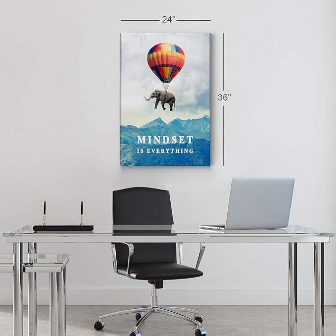 Smile Art Design Mindset is Everything Quote Elephant with Balloon Motivational Wall Art Canvas Print Inspirational Wall Art Entrepreneur Quote Office Living Room Decor Gift Ready to Hang 22x15