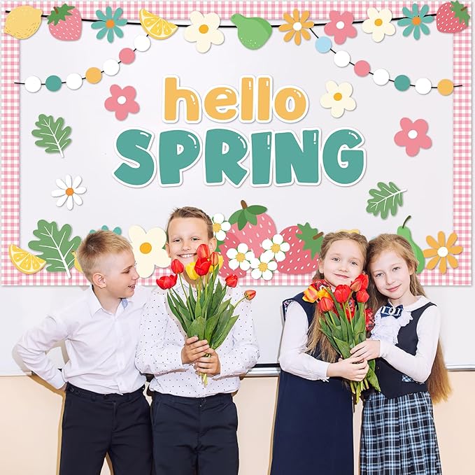 Hello Spring Bulletin Board Set Spring Fruit Floral Classroom Decoration Colorful Flowers Strawberry Paper Cutouts Flowers Theme Bulletin Board for School Classroom Chalkboard Wall Decor