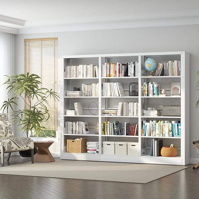 5-Tier Industrial Bookshelf, White Bookcases and Bookshelves,Tall Metal Book Shelf Storage Organizer,Freestanding Bookshelf for Living Room,Home Office (White, Shelf-3)