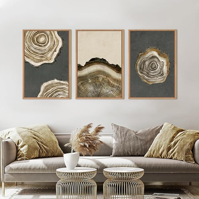 Ausril Tree Ring Framed Canvas Wall Art Set of 3- Brown and Gray Abstract Wood Tree Ring Print, 16"×24" Modern Wall Decor for Living Room, Bedroom, Office - Vintage Minimalist Gray Wood Painting
