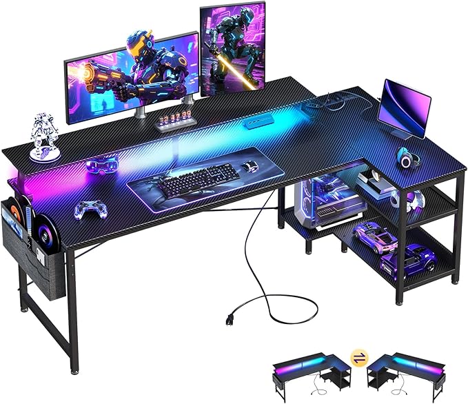 ODK 66 Inch Gaming Desk with USB Charging Ports and LED Lights, Reversible L Shaped Computer Desk with Storage Shelves & Monitor Stand, Corner Gamer Desk Table with Power Outlets, Carbon Fiber Black