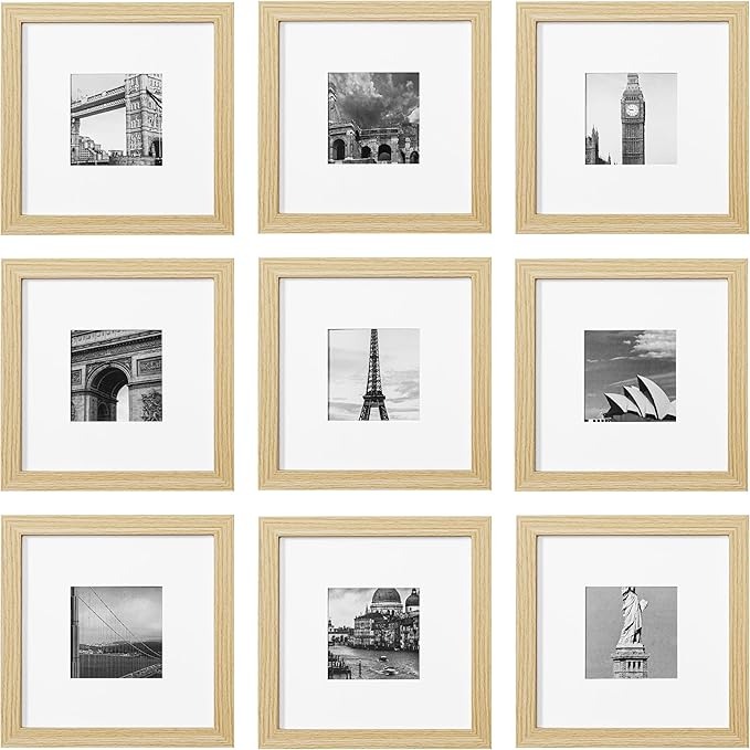 eletecpro 8x8 Picture Frames Set of 9 with Mat for 4x4 Photos or without Mat for 8x8, Square Gallery Wall Decor Collage for Picture Display, Natural Frame Set for Wall Hanging