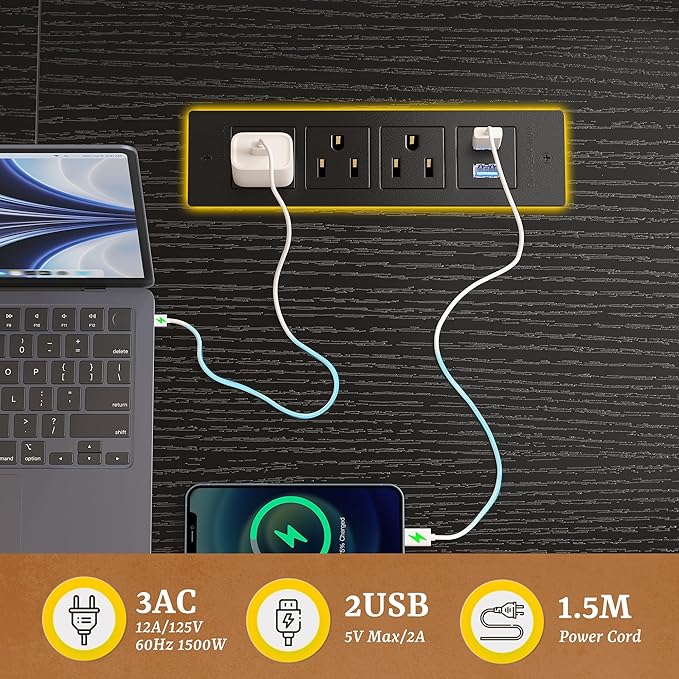 55 x 24 inch Gaming Desk with Power Outlets, Computer Desk with 0.95 Inch Thicker Desktop & Monitor Stand & Light & Storage Bag, Office Writing Desk for Home Office, Bedroom,Living, Black
