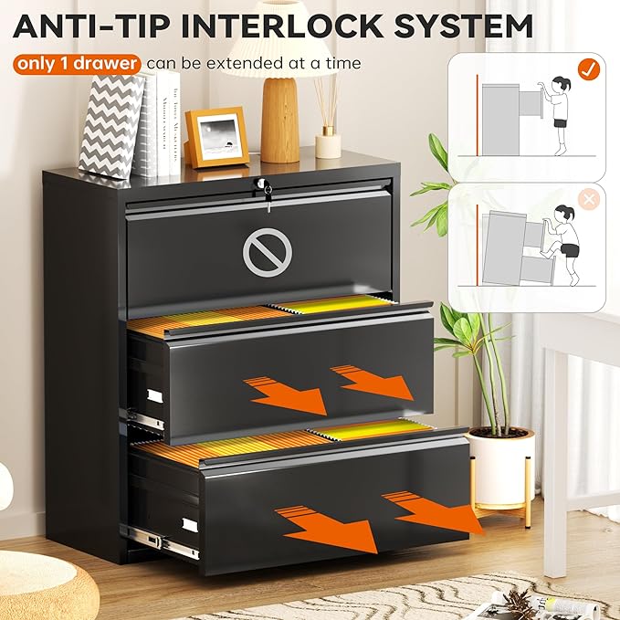 INTERGREAT File Cabinet 3 Drawers, Lateral Filing Cabinet for Home Office, Locking Horizontal File Cabinet for Hanging Files Letter/Legal/F4/A4, Black Metal, Easy Assemble