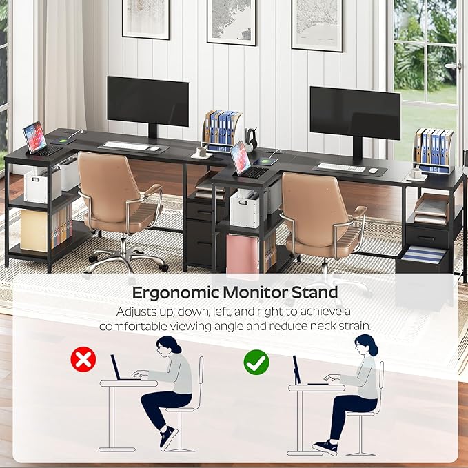L Shaped Computer Desk with Adjustable Monitor Stand, Gaming Desk with Power Outlets, Office Desk with Fabric Drawer, File Drawer and Hook, for Living Room, Home Office, Black DN03UBB