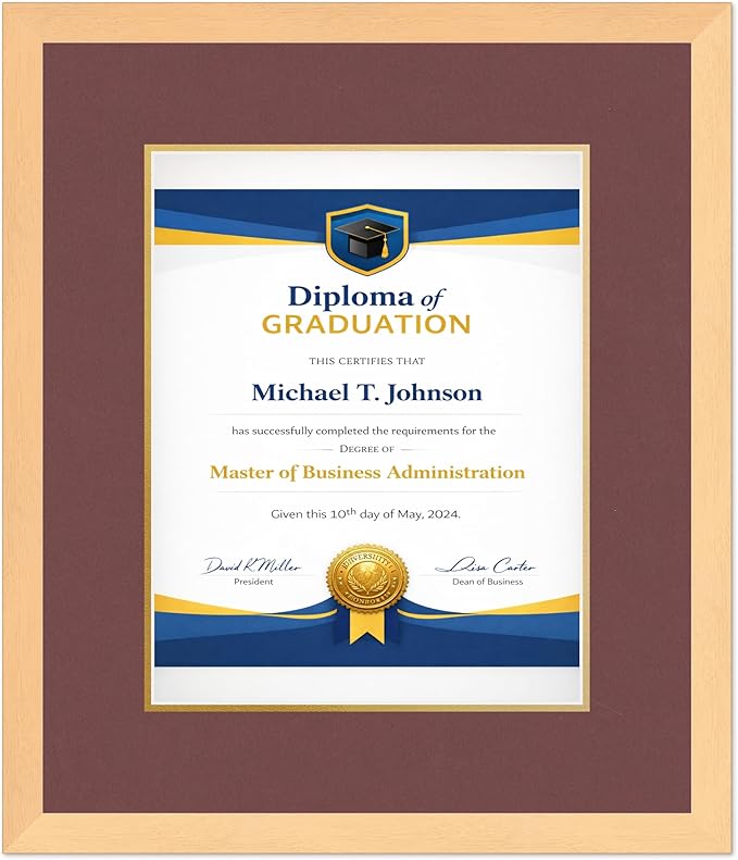 Diploma Frame Natural Wood with Dark Red Over Gold Double Mat - Fits 11 x 14 College Diploma (Portrait) Wall Display Made in the USA