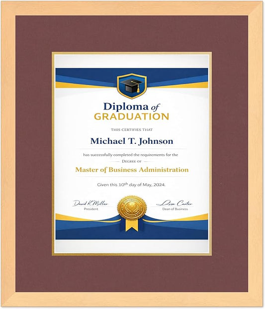 Diploma Frame Natural Wood with Dark Red Over Gold Double Mat - Fits 11 x 14 College Diploma (Portrait) Wall Display Made in the USA