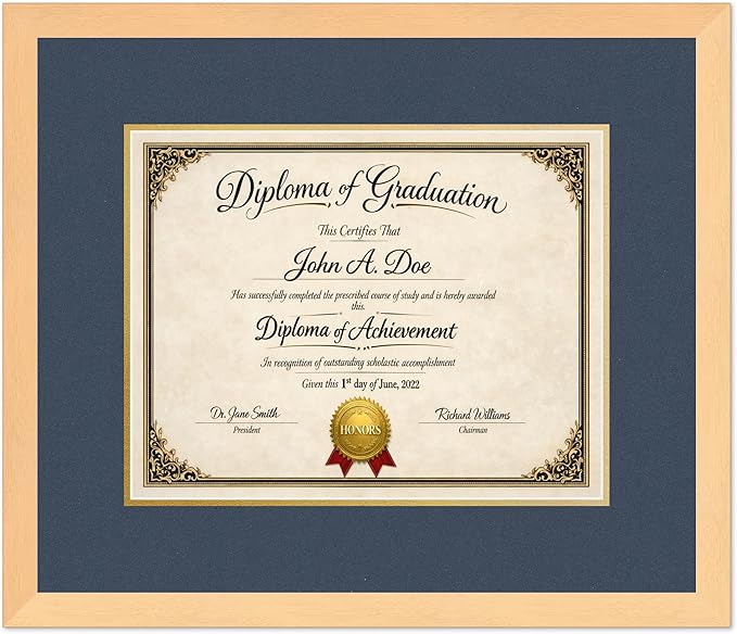 Diploma Frame Natural Wood with Navy Blue Over Gold Double Mat - Fits 14 x 11 College Diploma (Modern) Wall Display Made in the USA