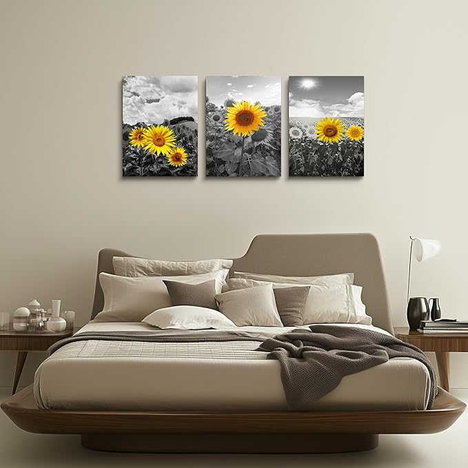 Canvas Wall Art - Family Wall Decor, Kitchen & Bedroom - Black & White Pastoral Scenery - Sunflower Flowers - 16x12, 3 Piece