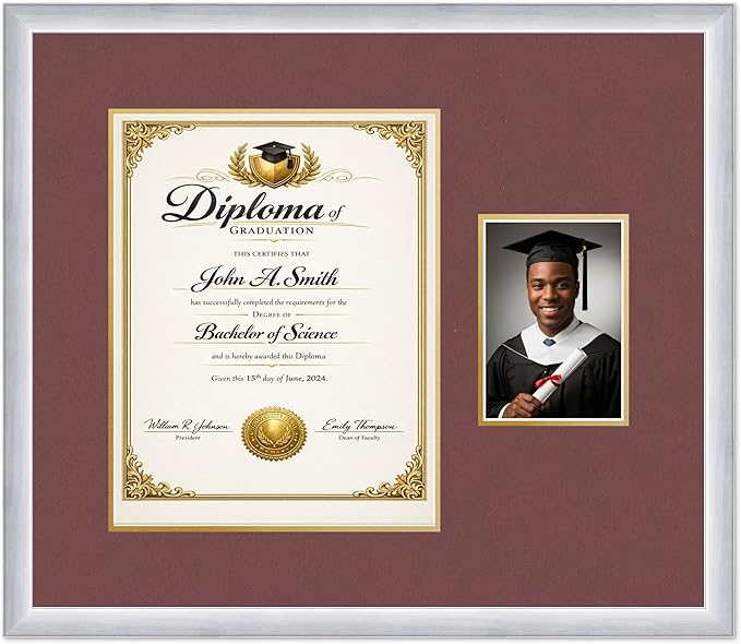 CountryArtHouse Fits 11 x 14 College Diploma (Portrait) and 5 x 7 Photo Diploma and Photo Frame Stainless Silver Genuine Hardwood with Dark Red Over Metallic Gold Double mat