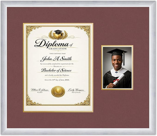 CountryArtHouse Fits 11 x 14 College Diploma (Portrait) and 5 x 7 Photo Diploma and Photo Frame Stainless Silver Genuine Hardwood with Dark Red Over Metallic Gold Double mat