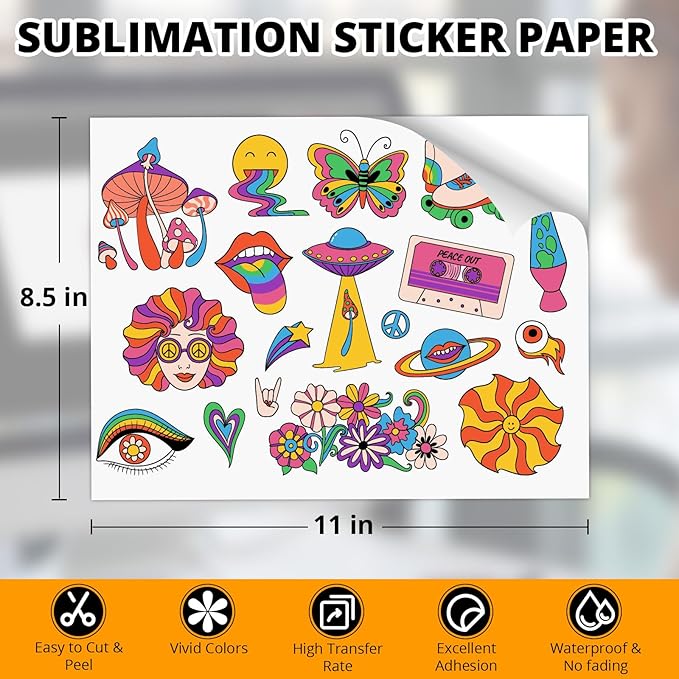 HTVRONT Sublimation Sticker Paper - 50 Pcs Glossy Transparent Waterproof Sublimation Stickers 8.5 * 11in for Decoration